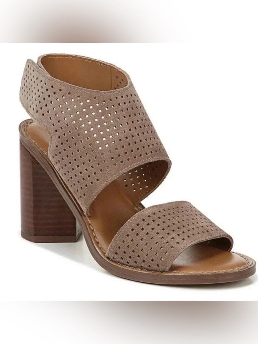 Franco Sarto Delores Block Heels Brown Tan Perforated 4-inch Open-Toe Sandals